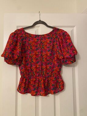 Waverly Pink & Orange Floral Puff-Sleeve Peplum Blouse